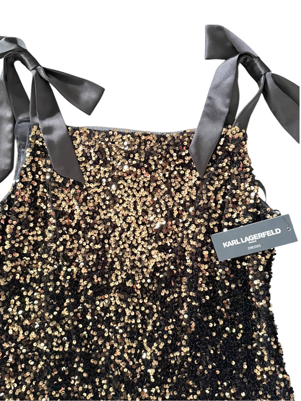 Karl Lagerfeld Paris Women's Sequin Mini Dress Black Gold Tie Strap Sz 12 NWT - Picture 12 of 12